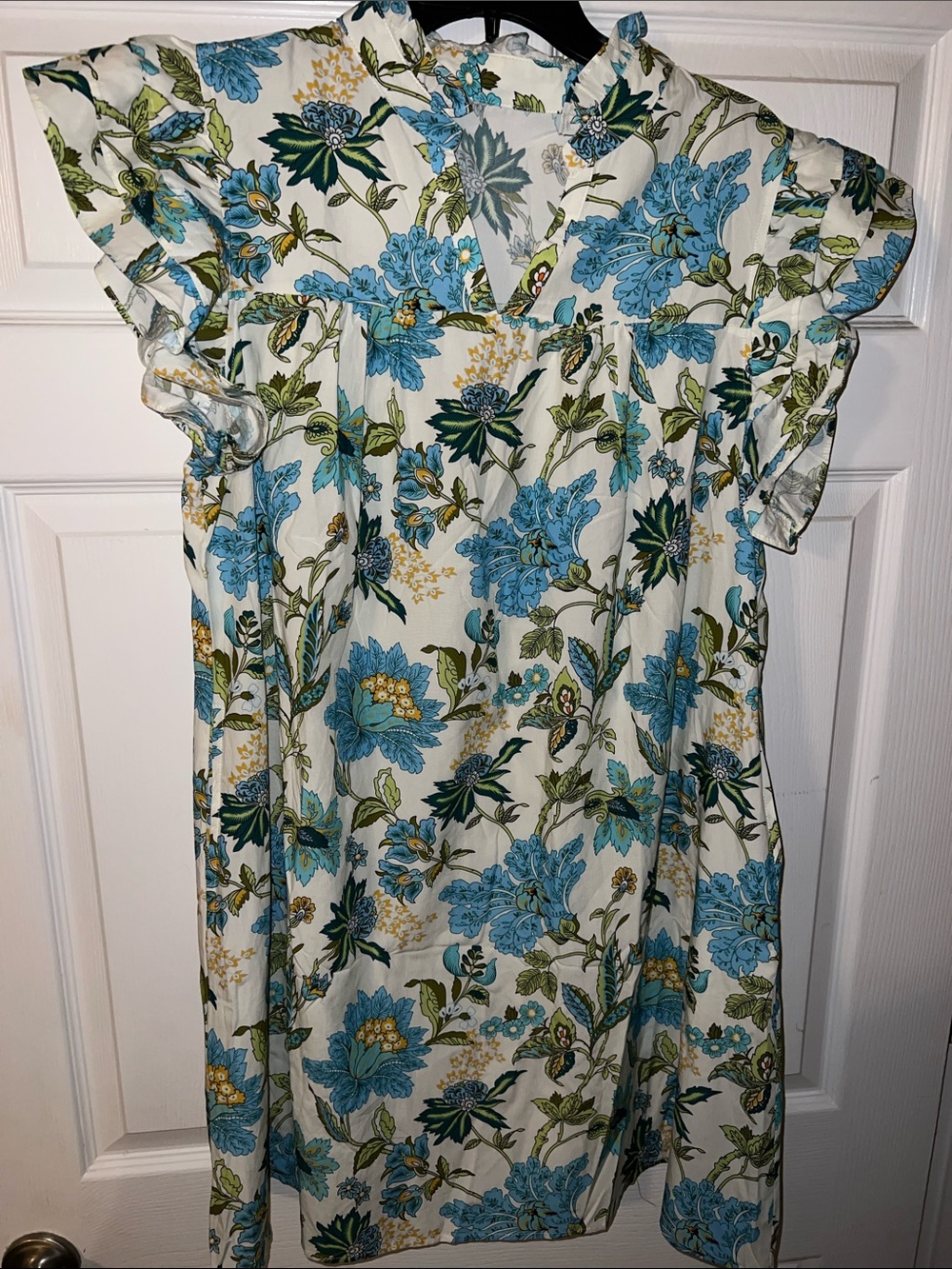 Blue Floral Ruffle-Trim Women’s Dress